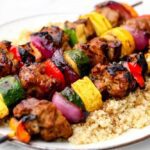 Vegetable and plant-based meat/vegan meat skewers